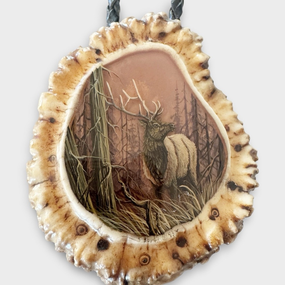 Hand Painted Elk Antler Burr Bolo Tie Signed Western Wildlife Art 90s Gorpcore